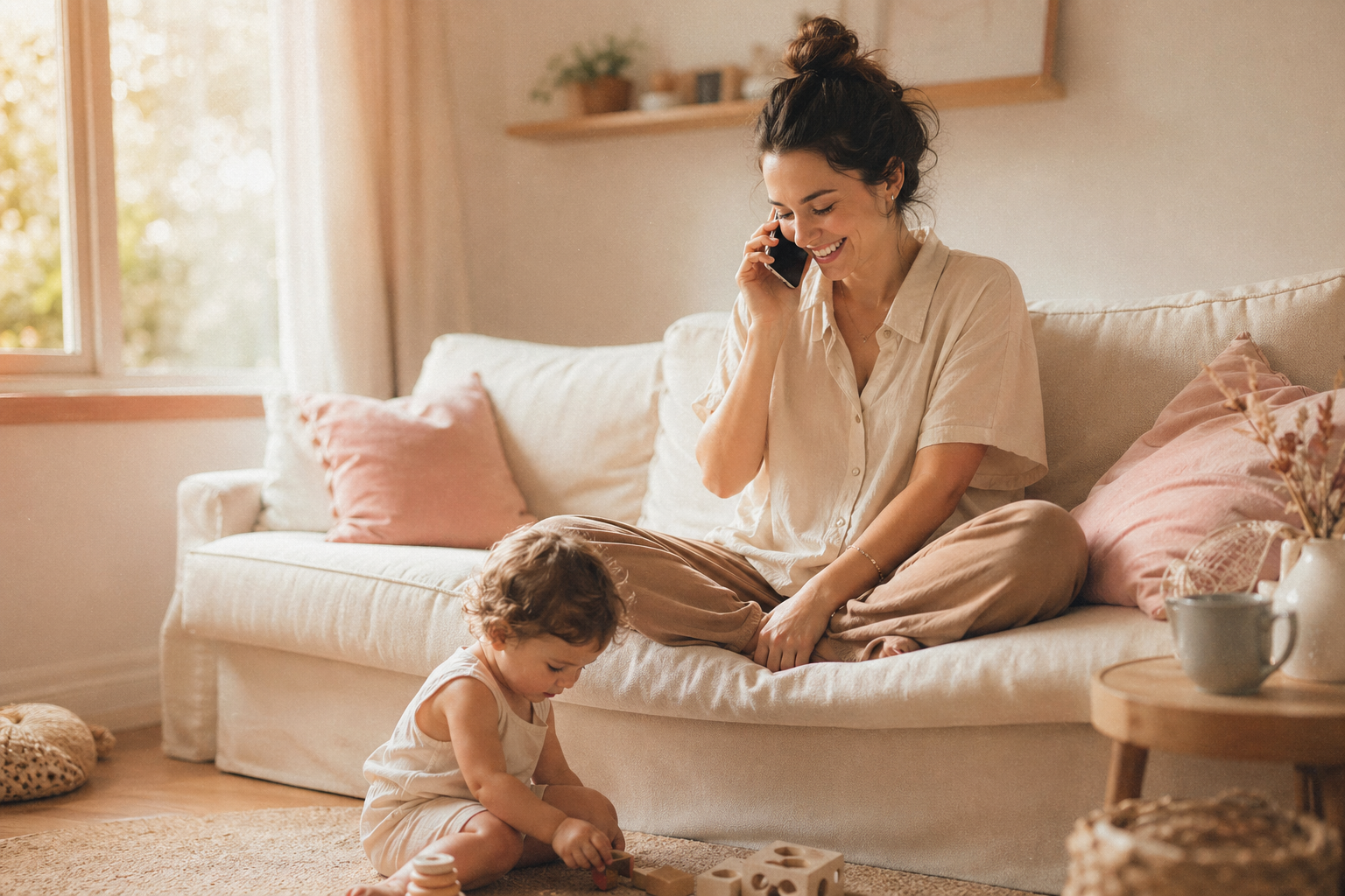 Mother laughing while dictating a voice note into her phone, toddler playing on the floor beside her in warm afternoon light