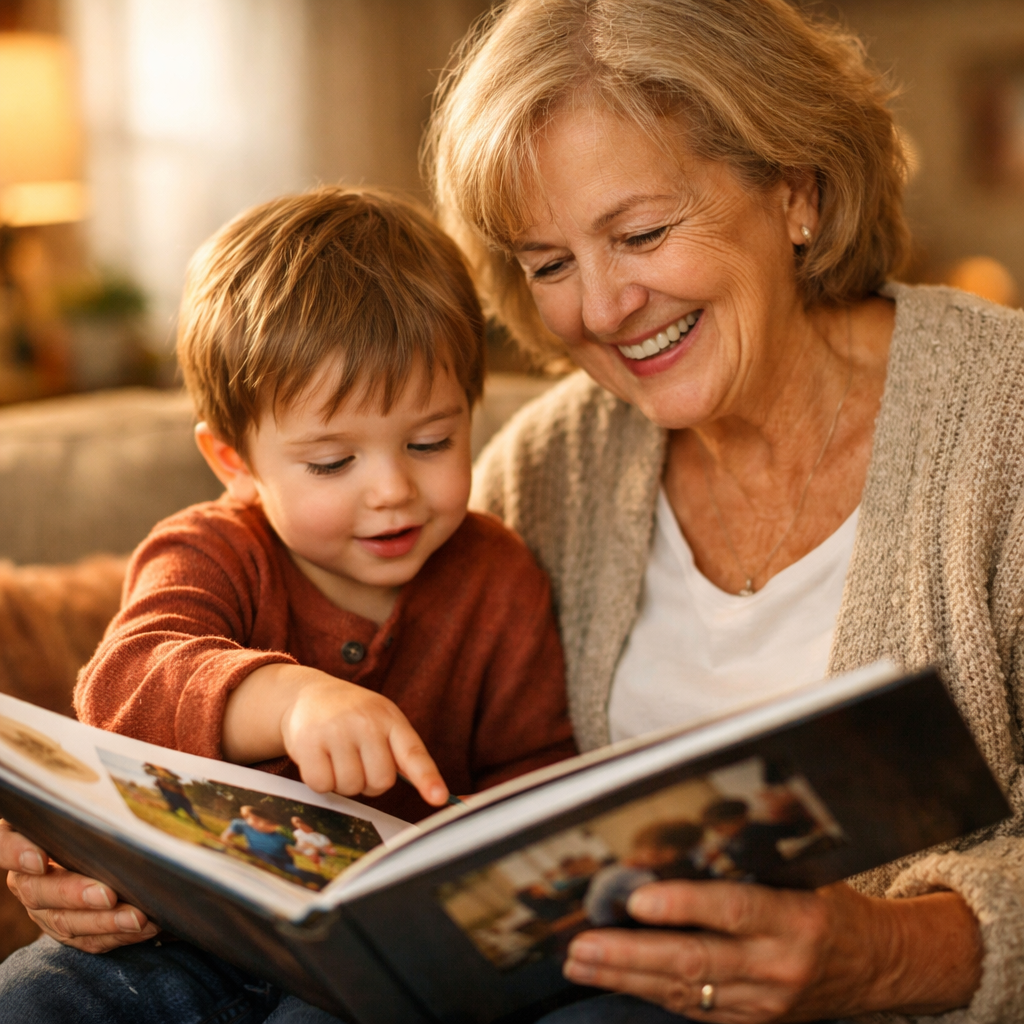 Grandmother and grandson looking through a photo book together