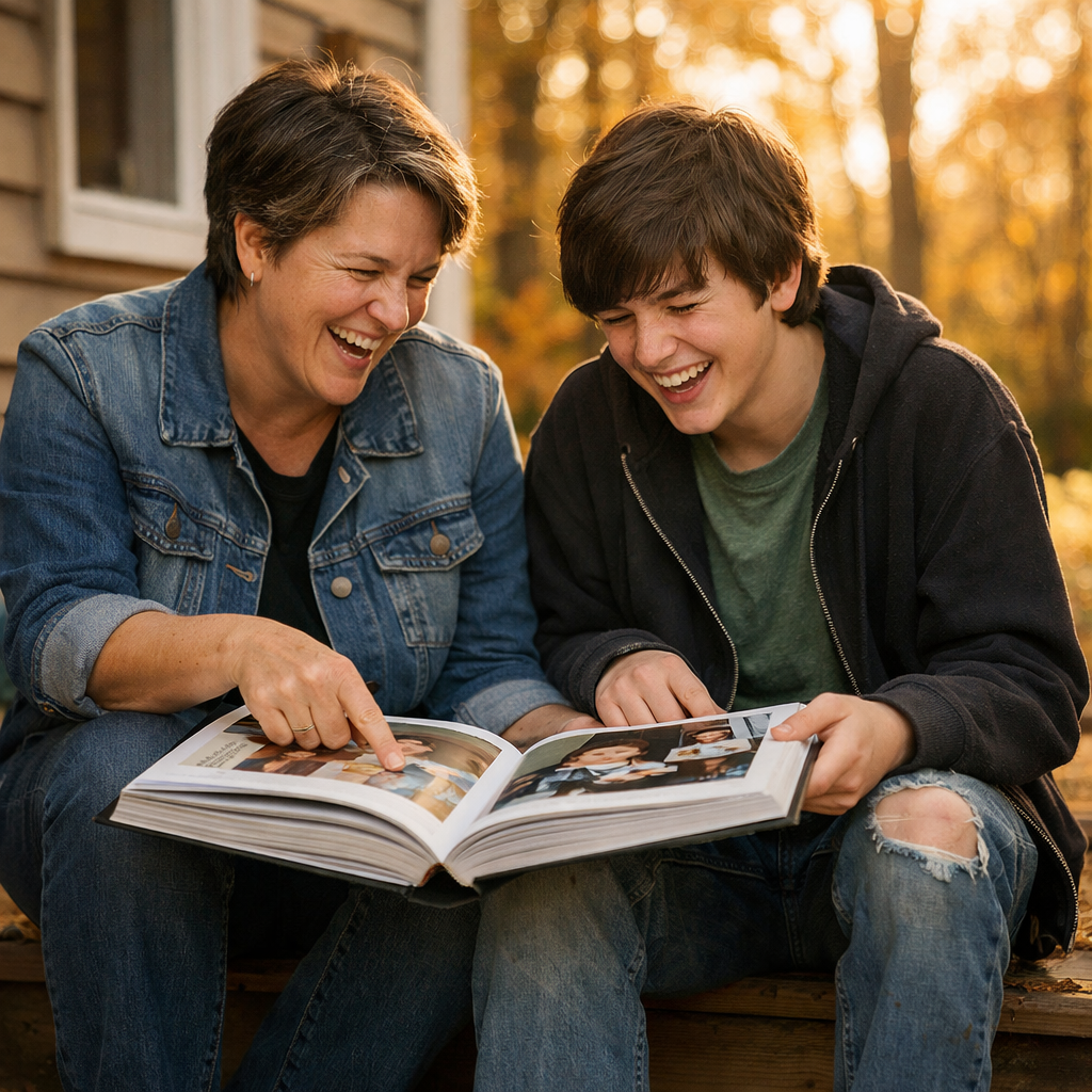 Parent and teenager laughing together on a porch, looking through a photo book