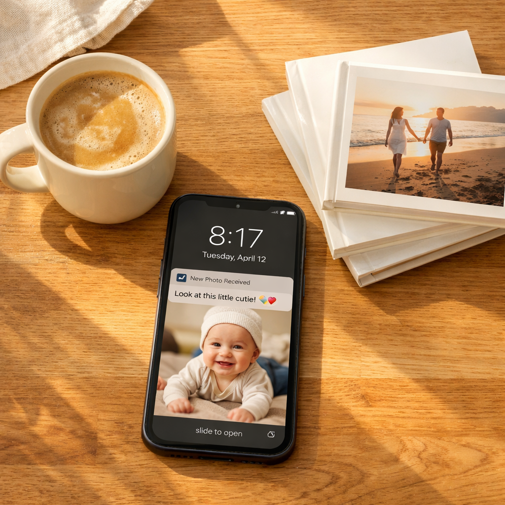 Phone on a table beside coffee and photo books — everyday memory capture