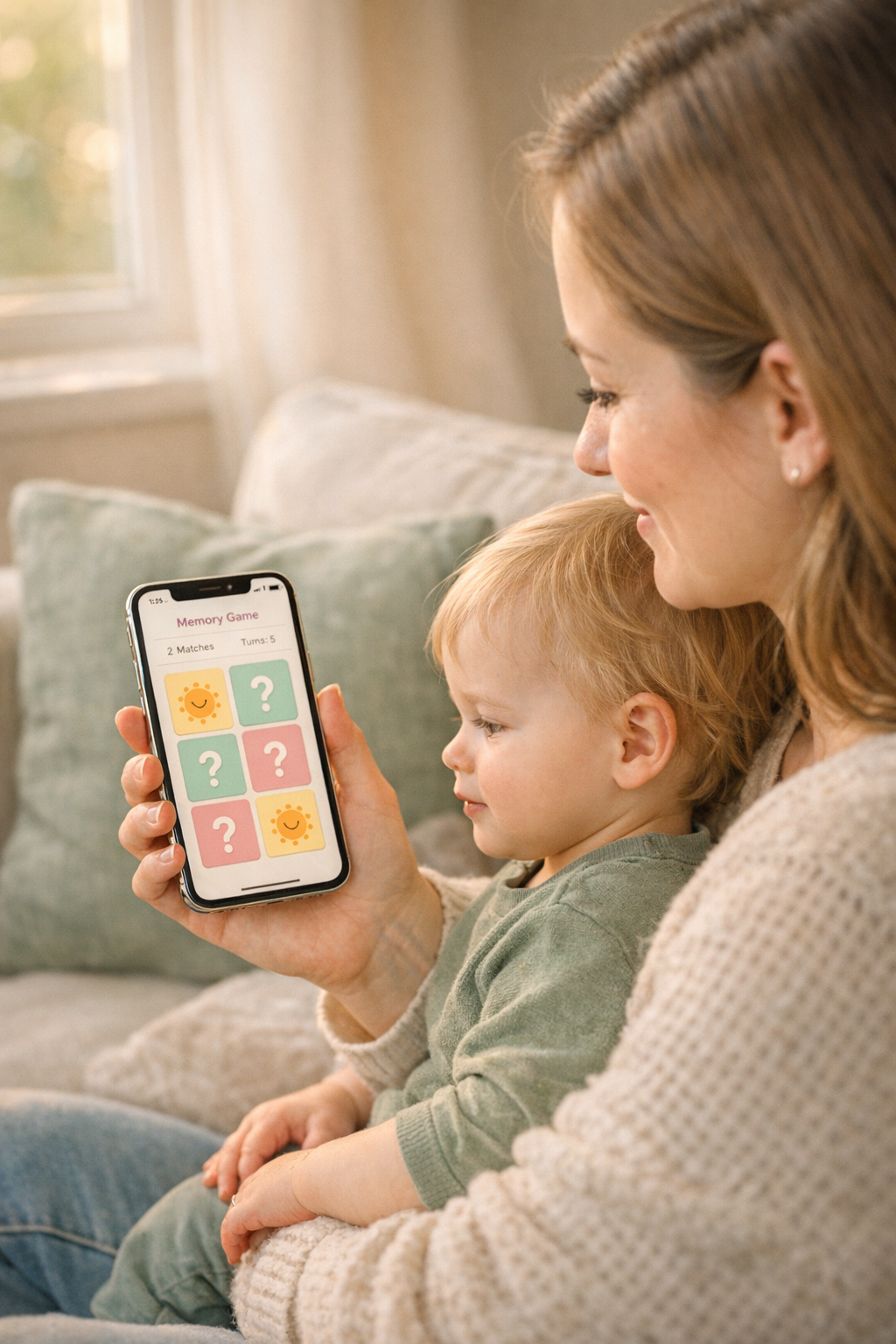 Mother and toddler on the couch, capturing a memory with the Piplet app