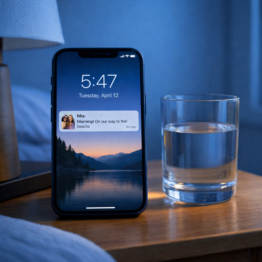Phone on a bedside table showing a Piplet notification at dawn