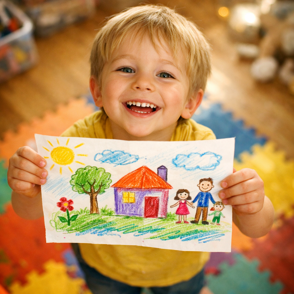 Boy proudly holding up his crayon drawing