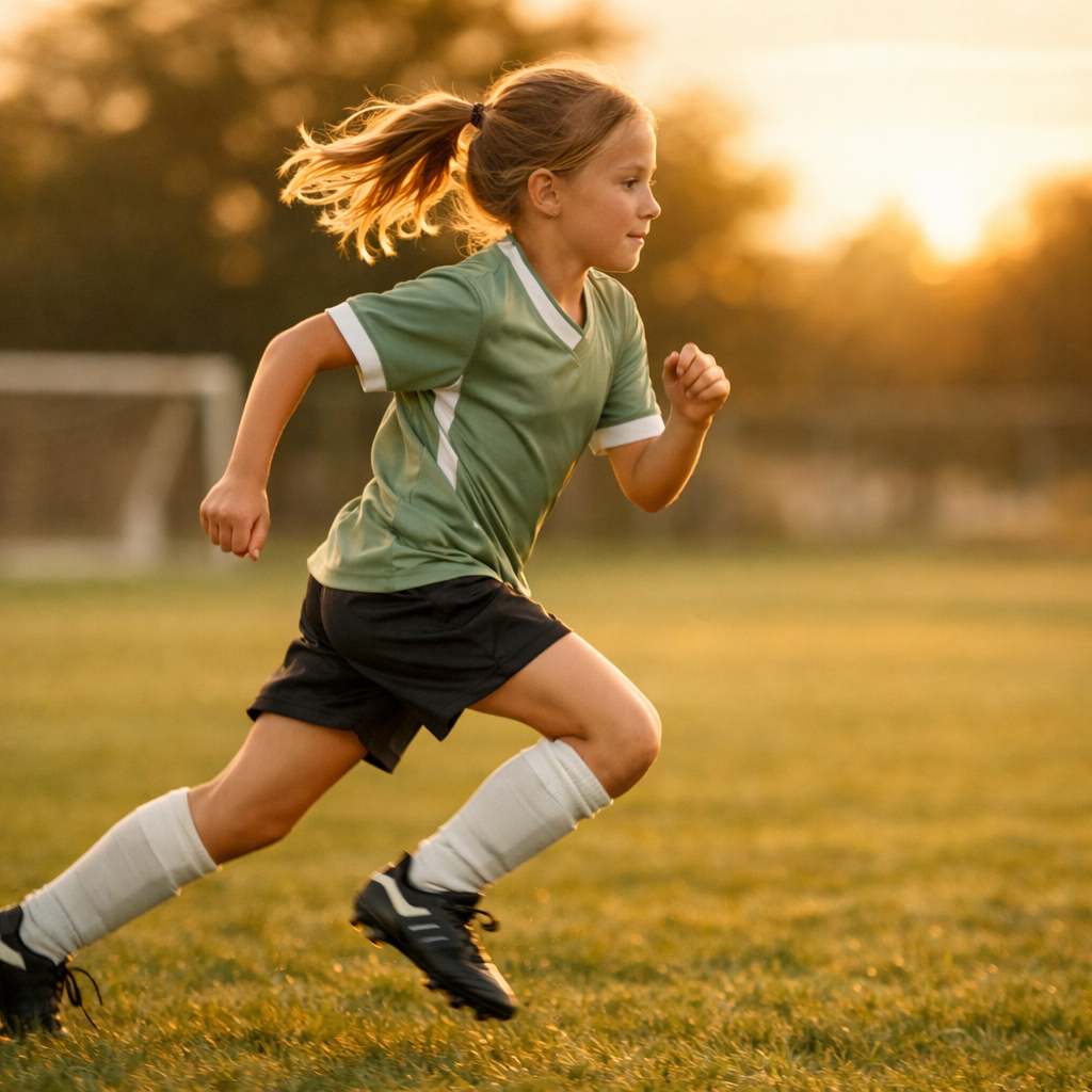 Girl running in a soccer uniform at golden hour