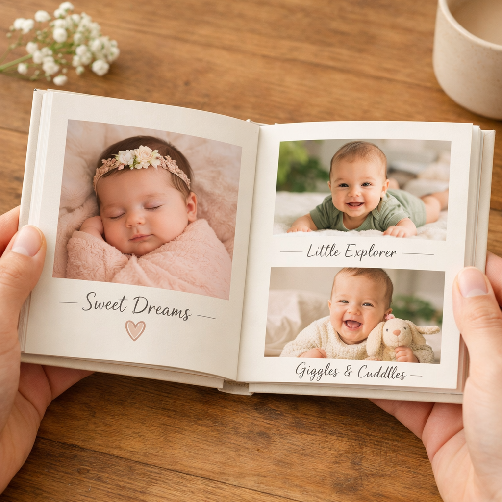 Hands holding an open photo book filled with baby photos