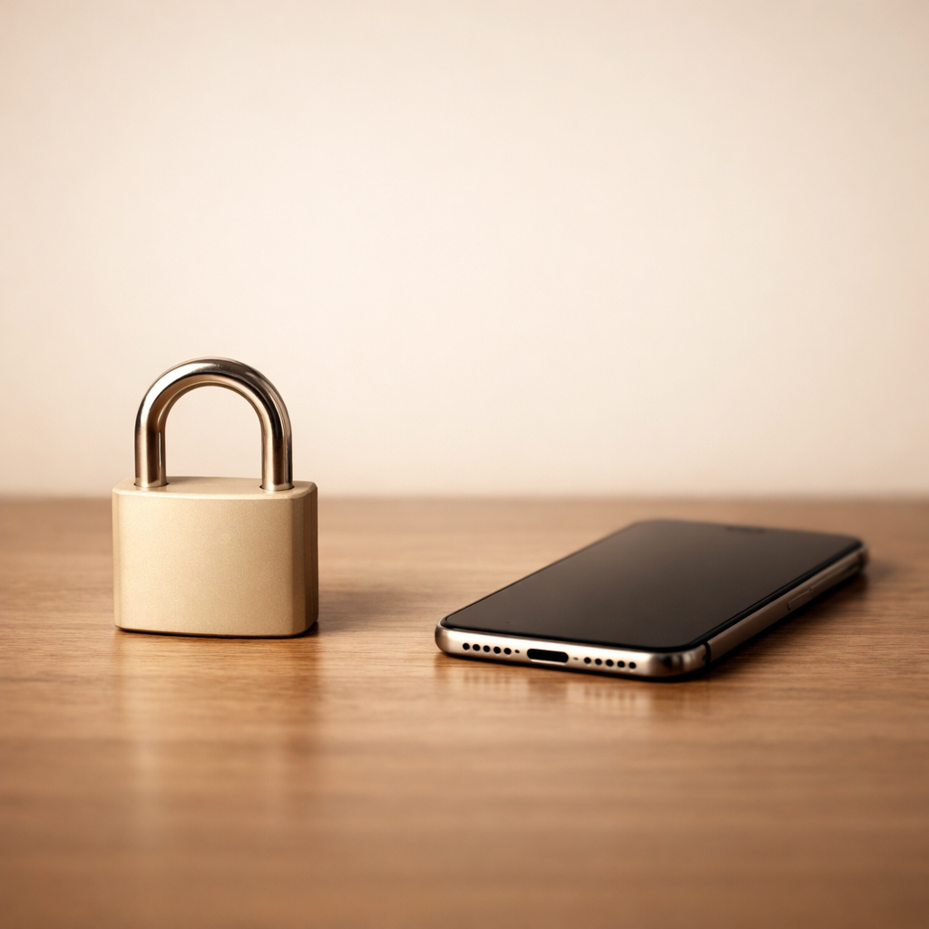 A padlock next to a phone on a wooden surface — your data stays on your device